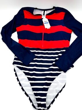 NEW Nautica Red Navy Blue Long Sleeve Striped 1 Piece Swim Women's Size XL